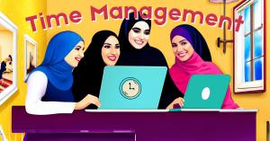 picture of four smiling muslim momprenuers working on laptops